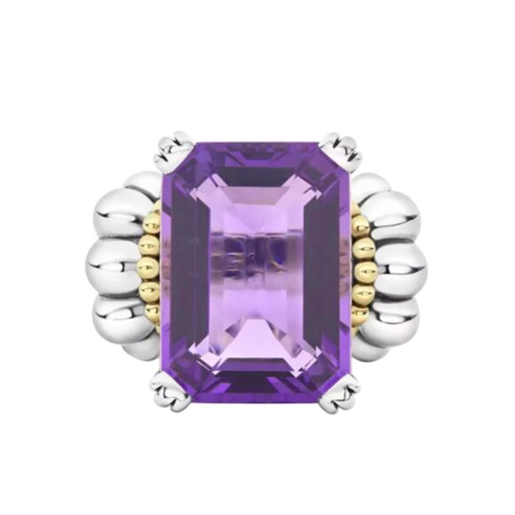 Lagos Glacier Caviar Emerald Cut Amethyst Ring Womens 6 Sterling Silver Gold XL - Picture 2 of 14